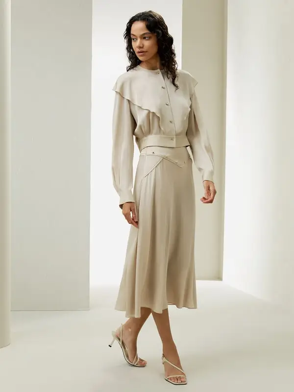 Gonna Di Seta Lunga Lunghezza Sotto Il Ginocchio Double JoLana e Seta Con Un Senso Di Drappeggio Crema