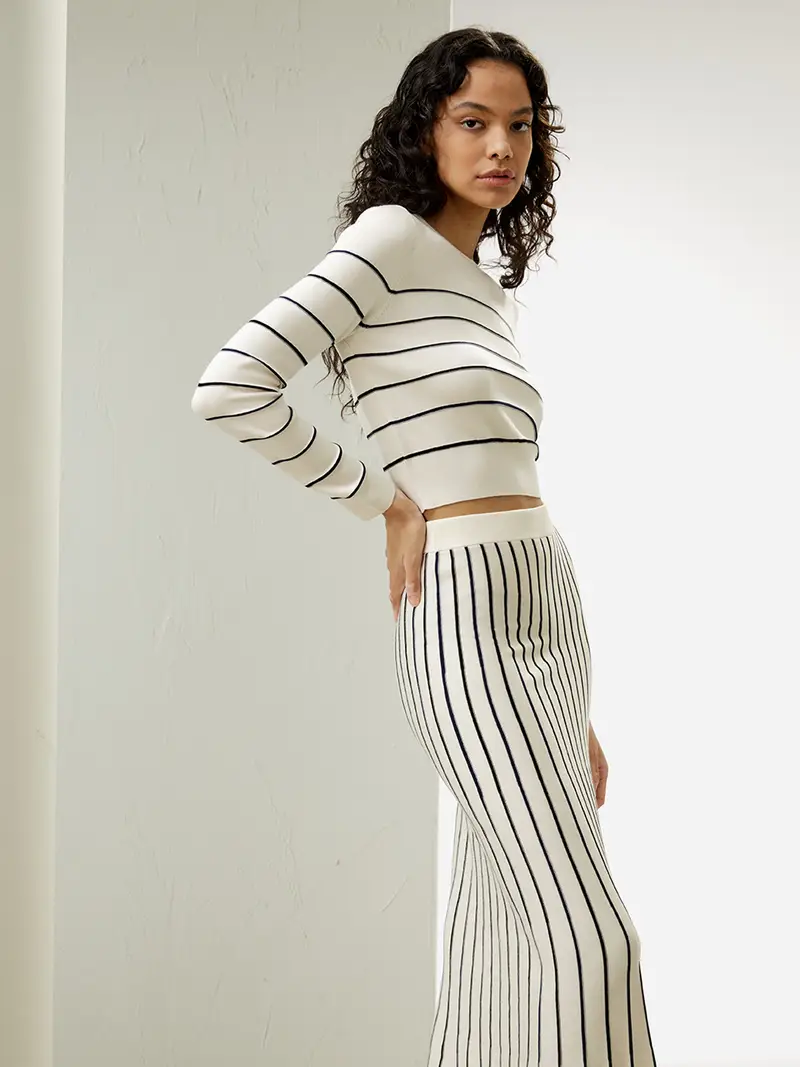 Gonna Di Seta Vestibilità Slim Filata Lavabile In Lavatrice Adatta A Diverse Occasioni Bianco Con Strisce