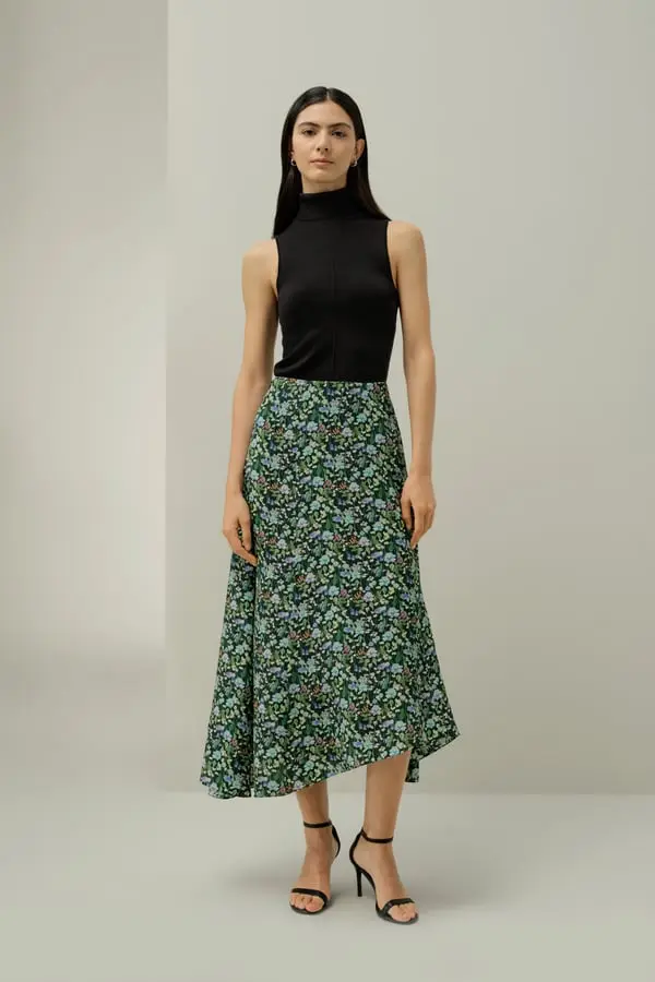 Gonna Fairytale-Forest Seta Crepe De Chine Orlo Asimmetrico Floreale Bosco delle Fiabe