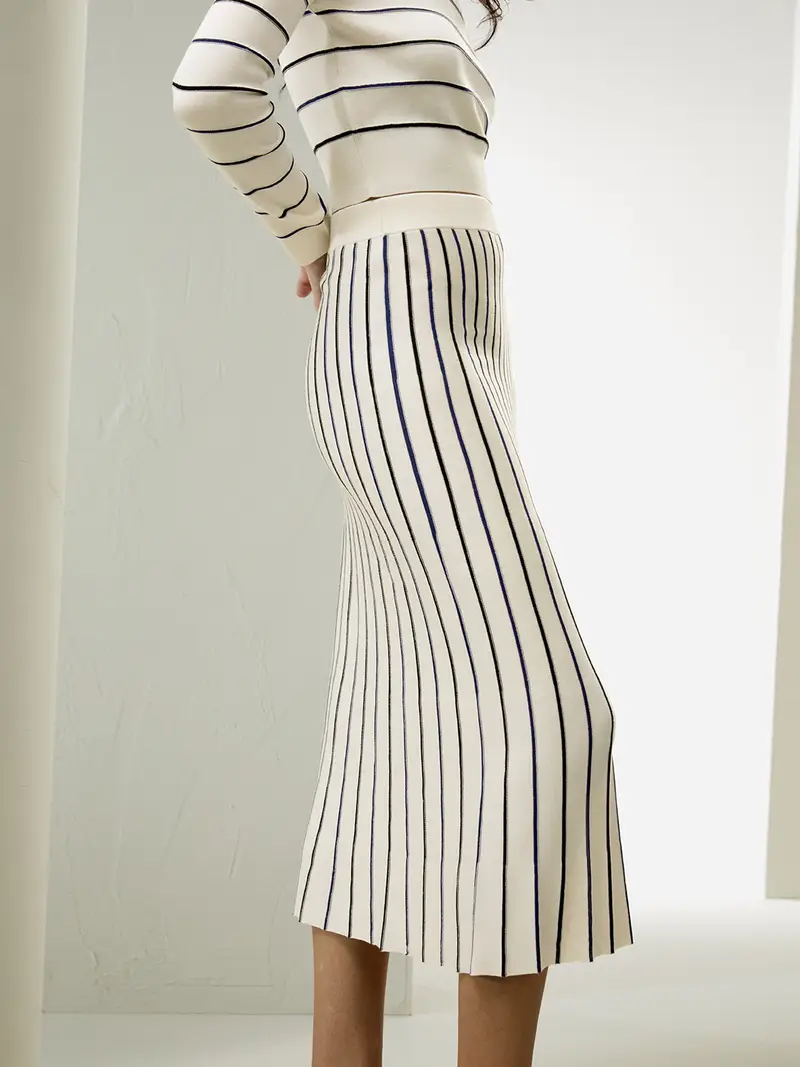 Gonna In Maglia Di Seta Bianco Con Strisce Lunghezza Sopra Il Ginocchio 100% Seta Delicato Sulla Pelle E Traspirante