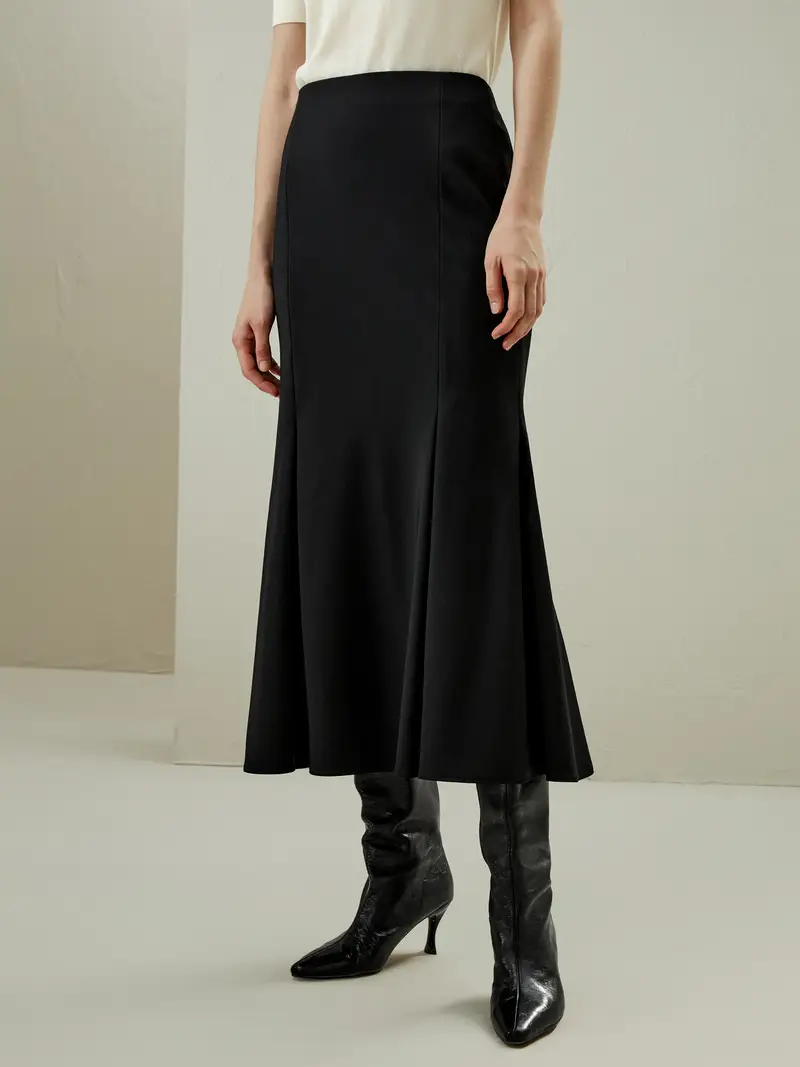 Gonna Lunga Di Lana La Parte Inferiore Svasata Lana Di Alta Qualità Adatto A Molteplici Occasioni Nero
