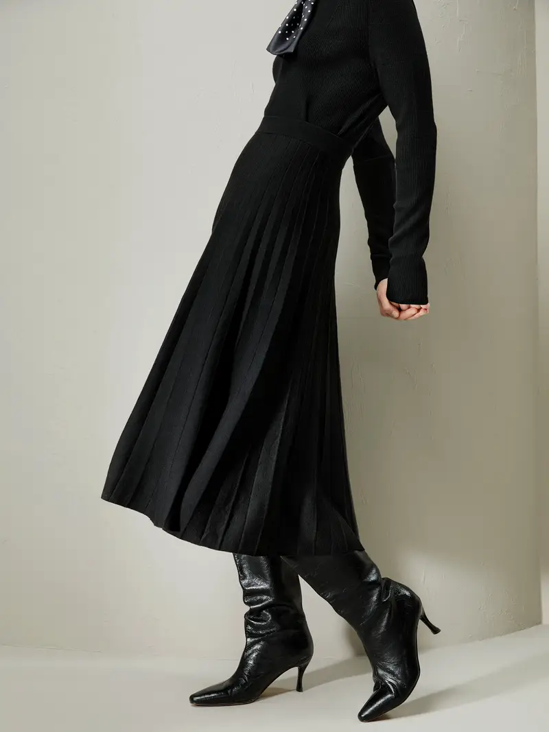 Gonna Lunga Di Lana Nero Silhouette A Linea, Sopra Il Ginocchio Lana Merino Ultra Fine Morbido Contro La Pelle E Traspirante