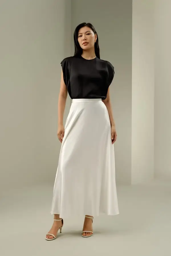 Gonna Lunga Elegante Seta Charmeuse Bianco Naturale Fluida Tasche Gonna a Ombrello