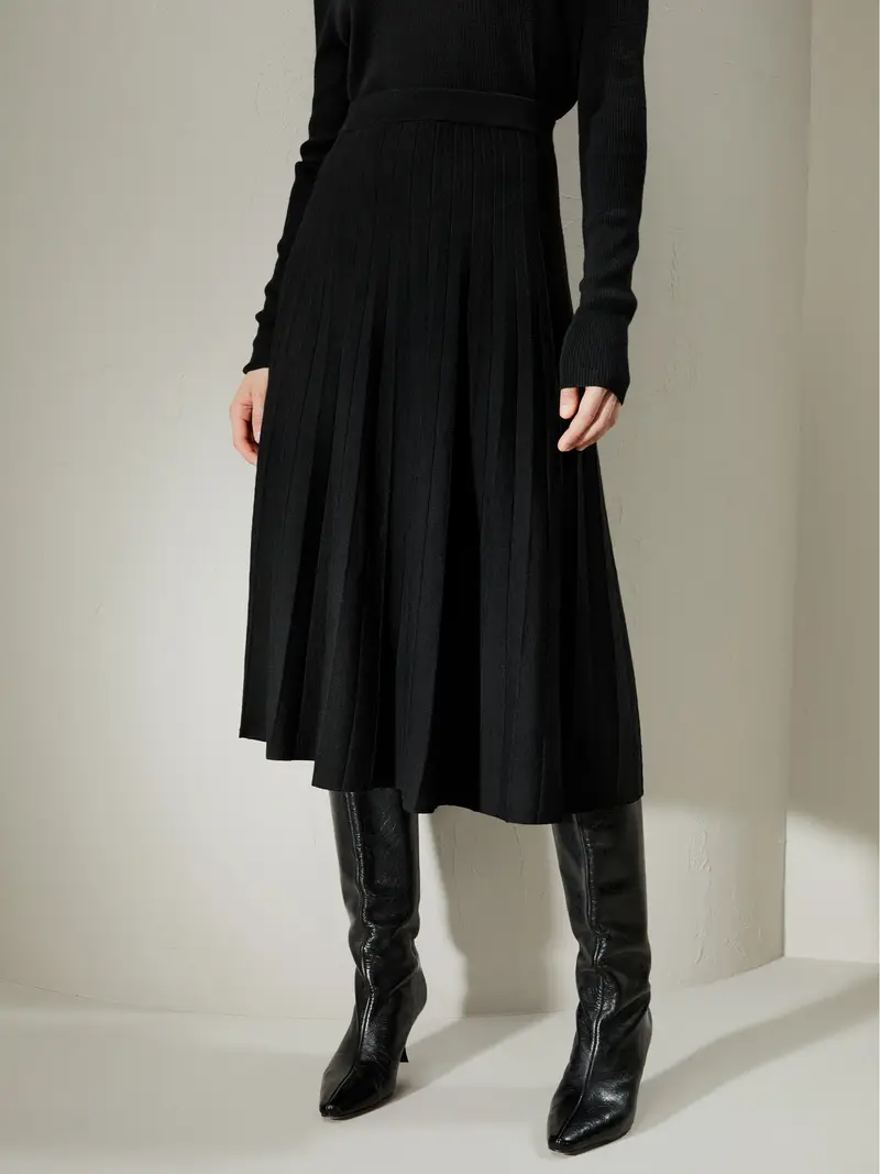 Gonna Lunga In Lana Nero Silhouette A Linea, Sopra Il Ginocchio 100% Lana Merino Ultra Fine Stile College Misto A Eleganza