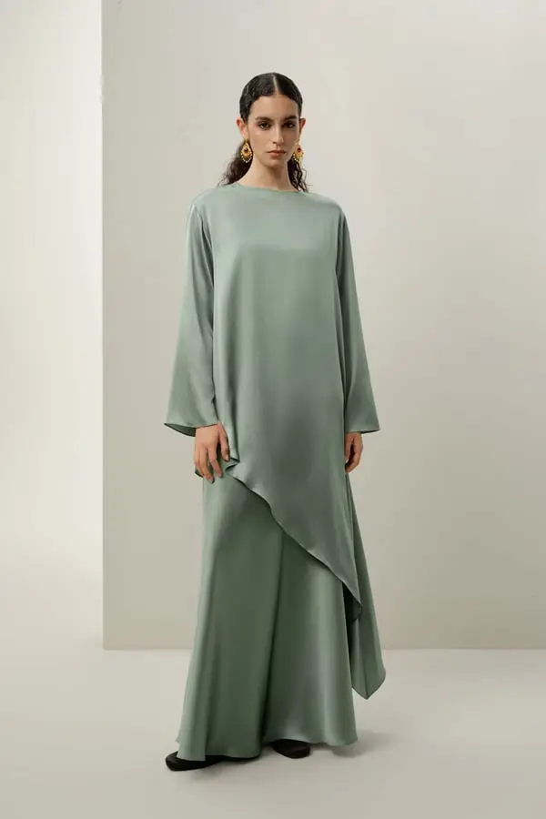 Gonna Maxi Elegante da Donna in Seta Stretch Linea A Verde Avocado