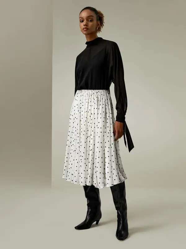 Gonna Midi a Pois Bianca Elegante in Seta Plissettata Bianco