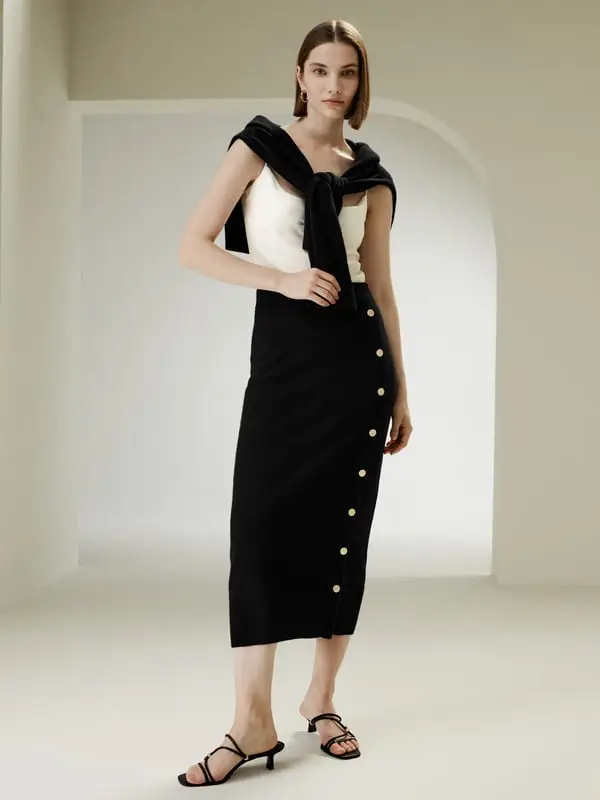 Gonna Midi da Donna in 100% Cashmere con Bottoni Laterali Dorati Nero