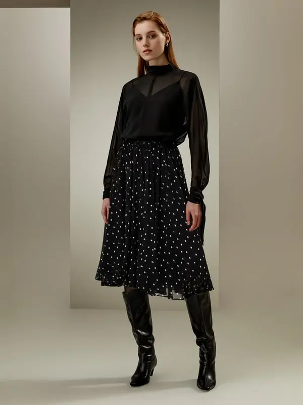 Gonna Midi Pois Nera Elegante Seta Doppio Strato Vita Alta Nero