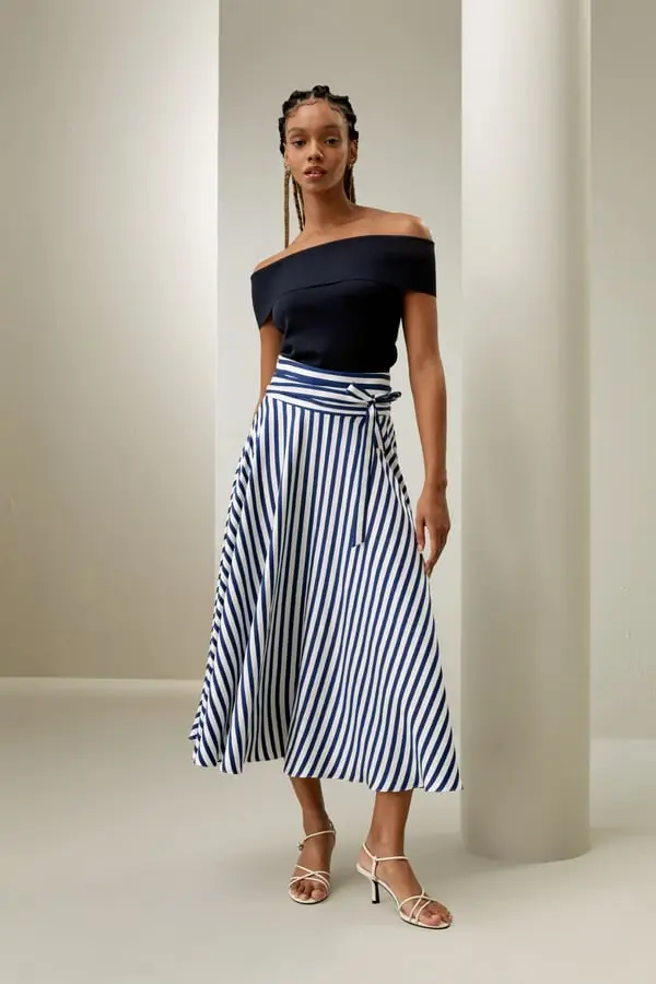 Gonna Midi Seta Gessata Blu-Bianchi Elegante Vintage Gessati blu