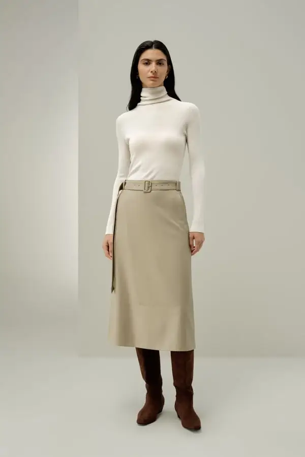 Gonna Midi Seta-Lana Mandorla - Cintura Elastica, Elegante e Versatile