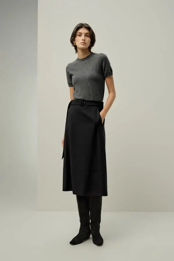 Gonna Midi Seta-Lana Nera e Confortevole con Cintura Nero