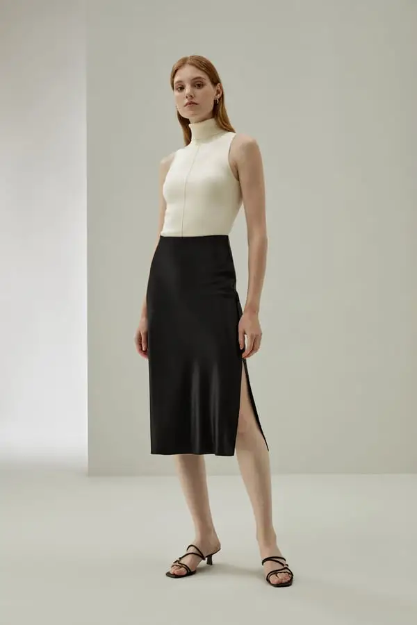 Gonna Midi Seta Nera Taglio Sbieco Spacco Laterale Elegante Nero