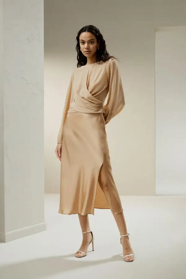 Gonna Midi Seta Sbieco Minimalista Cammello Chiaro