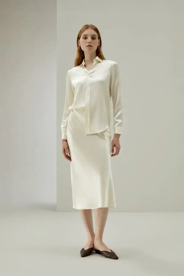 Gonna Midi Seta Sbieco Minimalista Giglio Bianco