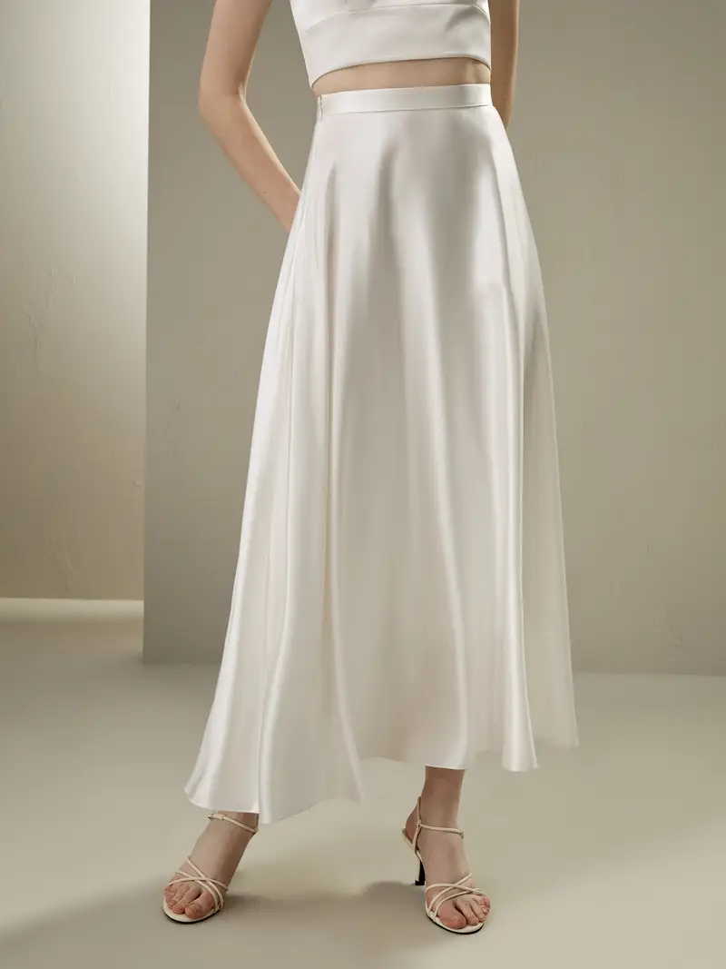 Gonna Seta Bianco Forma A Ombrello, Fluida Come L'Acqua 100% Pura Seta Una Sensazione Incredibilmente Morbida E Confortevole