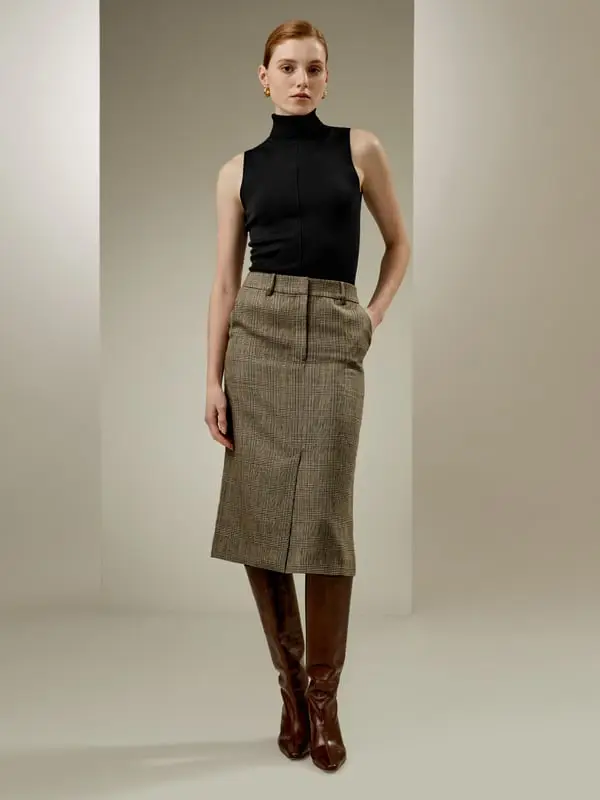 Gonna Tubino Lino Glen Check N6 Traspirante Elegante Vita Media Spacco Frontale Lino