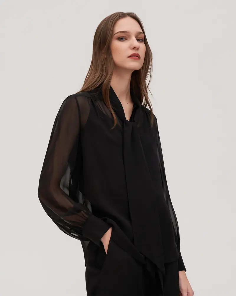 Italia Camicette Di Seta Blusa Jasmine In Seta Con Papillon 100% Seta Pura E Naturale Nero