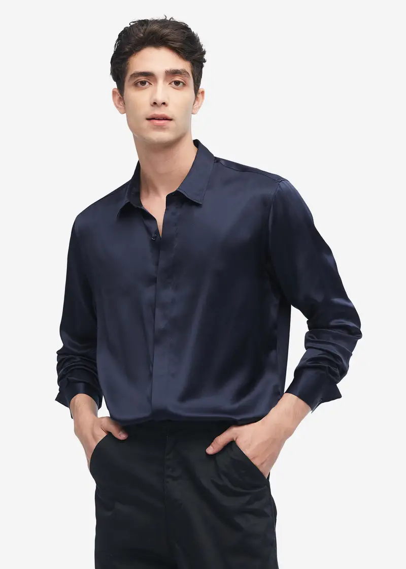Italia Camicia Da Uomo Classica In Seta A Maniche Lunghe Blu-Marino