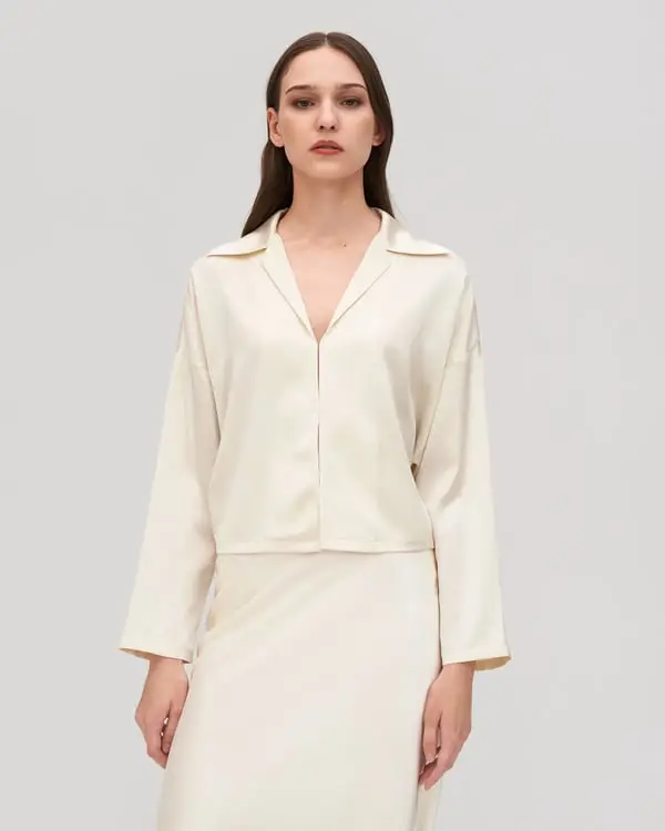 Italia Camicia Seta Camicia Retrò In Seta Osmanto A Pipistrello 100% Seta Pura E Naturale Giglio Bianco