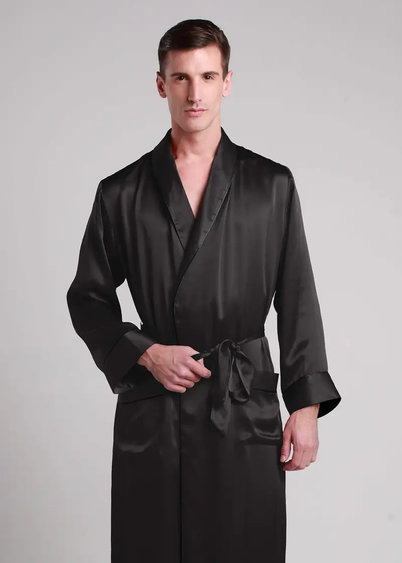 Kimono Di Seta Uomini Nero Seta Charmeuse Allegri E Traspiranti Liscia Maniche Lunghe Comodo