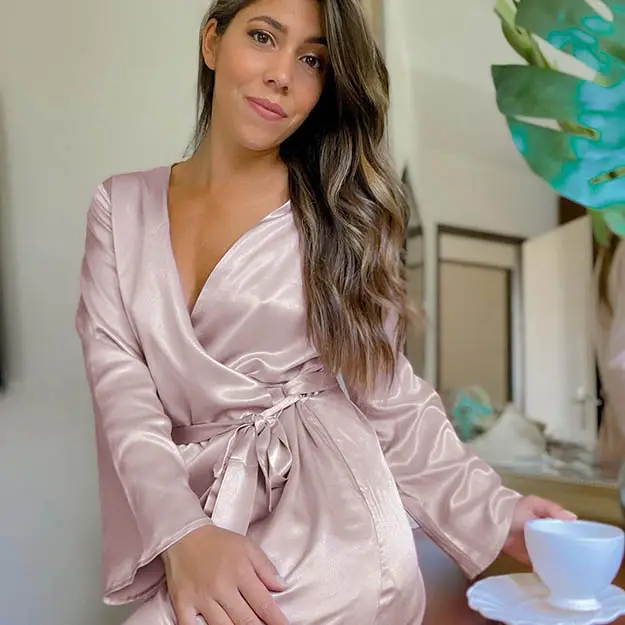 Kimono Donna Seta Rosa Seta Charmeuse Traspirante, Ipoallergenico Brillante Maniche Lunghe Perfettamente Carina Rosa rosato