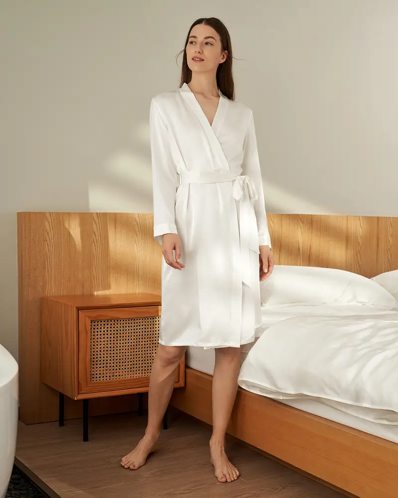 Kimono In Seta Bianco 100 Pura Seta Morbida Delicata Maniche Lunghe Vestibilità Regolare Drappeggia Bene Bianco Naturale