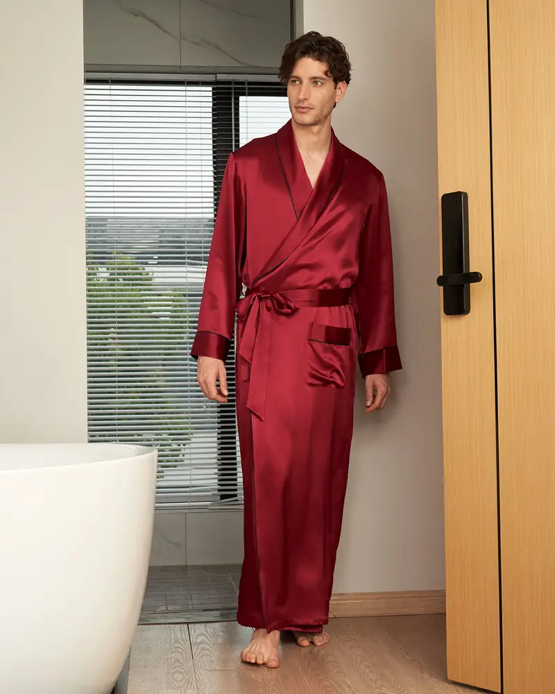 Kimono In Seta Uomini Rosso Seta Oeko-Tex Standard 100 Comodo Maniche Lunghe Certificazione Internazionale Violetto Rosso