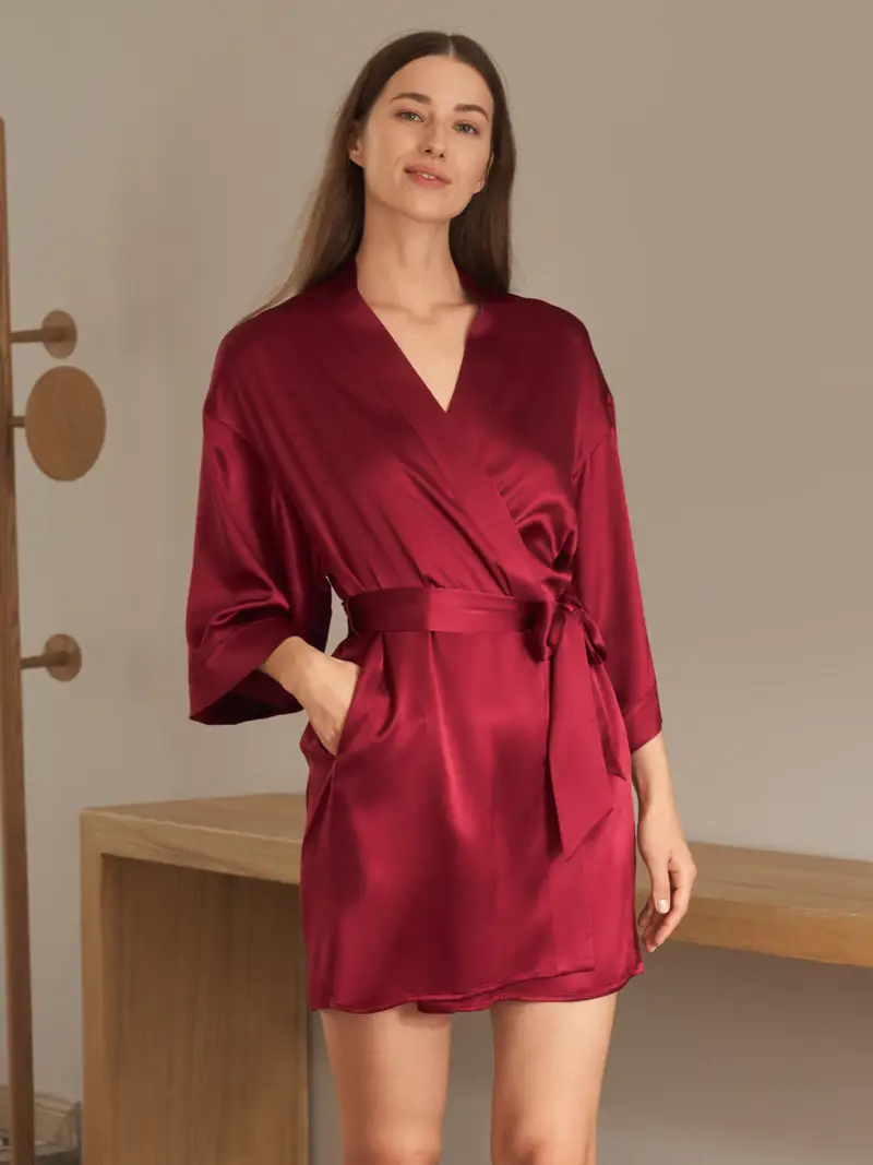 Kimono Seta Rosso Seta Naturale Affascinante Vestibilità Morbida Lavabile In Lavatrice Per Le Persone Allergiche Violetto Rosso