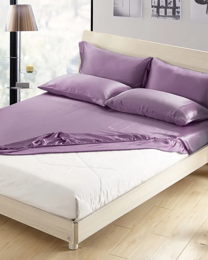 Lenzuola Di Seta Lusso Lavanda Senza Cuciture, Fascia Elastica 100% Seta Delicato Sulla Pelle E Traspirante