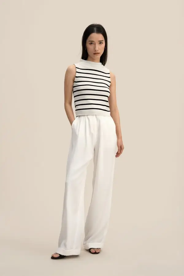 Maglia a Strisce in Seta Elegante Senza Maniche Bianco Con Strisce Nere