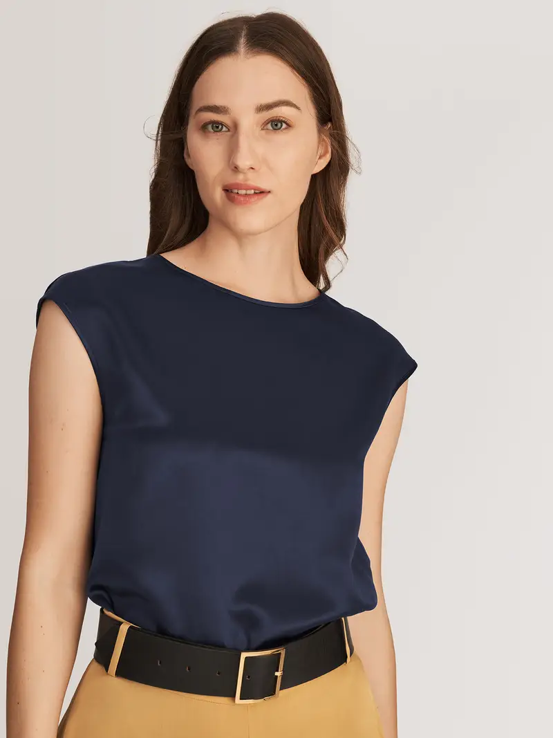 Maglia Di Seta Donna Blu-Marino Girocollo, Semplice E Classico 100% Seta Di Gelso Confortevole E Amichevole Per Le Persone Allergiche