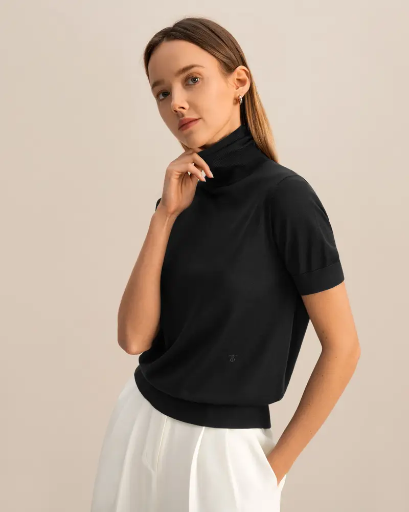 Maglia Di Seta Donna Nero Mezza Manica, Piede Regolare Seta E Cachemire Privo Di Sostanze Chimiche Nocive