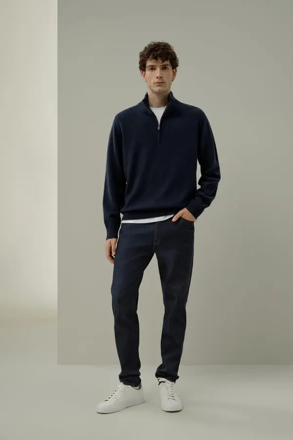 Maglia Lana & Cashmere Uomo Blu-Marino - Calda, Elegante con Mezza Zip