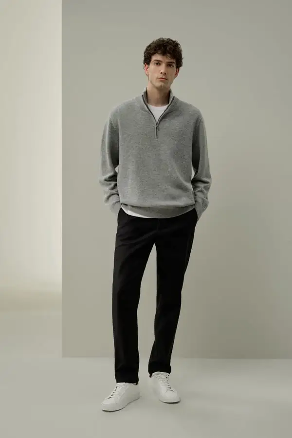 Maglia Lana & Cashmere Uomo Nebbioso Calda, Elegante con Mezza Zip