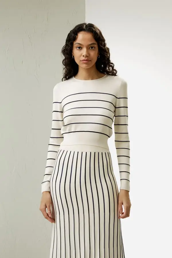 Maglia Seta Donna Maniche Lunghe Bianca a Righe Traspirante Slim Fit Bianco con strisce