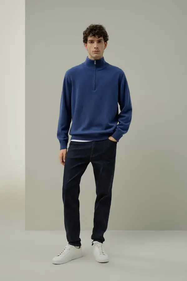 Maglia Uomo Lana e Cashmere Blu Denim - Calda, Elegante e Versatile con Mezza Zip