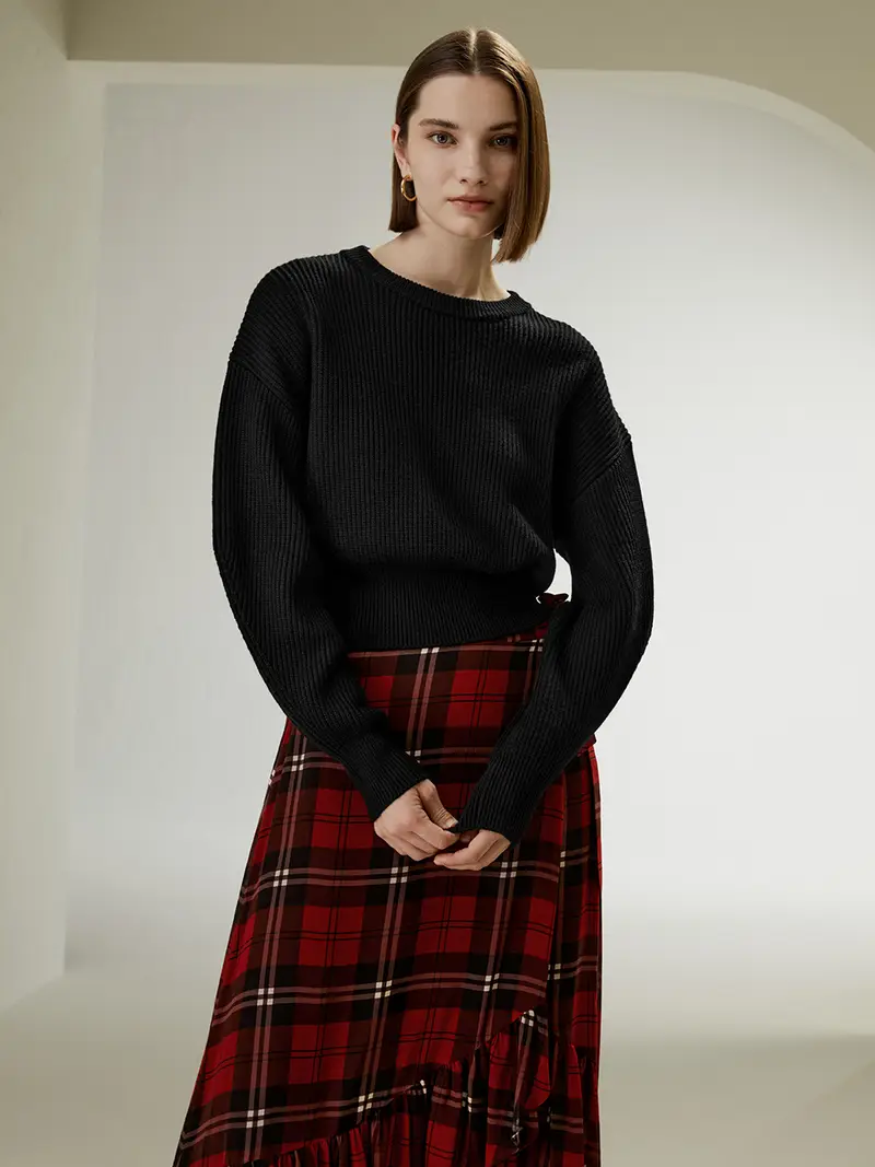 Maglieria Lana Donna Nero Spalle Scese, Collo Rotondo 100% Lana Merino Privo Di Sostanze Chimiche Nocive