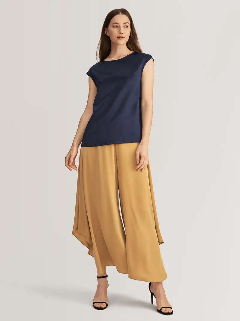 Maglietta In Seta Donna Blu-Marino Girocollo, Taglio Classico 100% Seta Naturale Perfettamente Adatto Per Clienti Con Le Pelli Sensibili