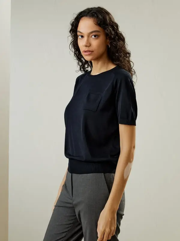 Maglietta Seta Blu-Marino - Top Girocollo Lavabile in Lavatrice 100% Seta Morbida ed Elegante