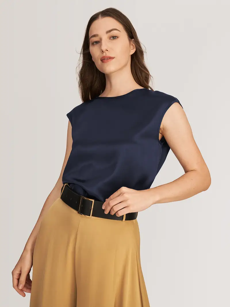 Maglietta Seta Donna Blu-Marino Girocollo, Vestibilità Rilassata 100% Seta Pura Privo Di Sostanze Chimiche Nocive