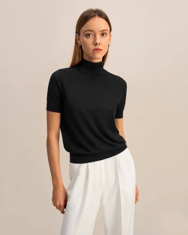 Maglietta Seta Donna Nero Colletto A Revers, Piede Regolare Seta E Cachemire Delicato Sulla Pelle E Traspirante