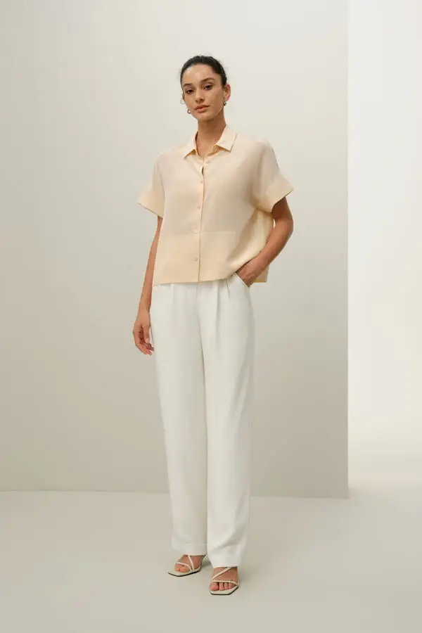 Maglietta Seta Maniche Corte Avorio Chiaro - 100% Seta Crepe de Chine, Leggera e Antipiega