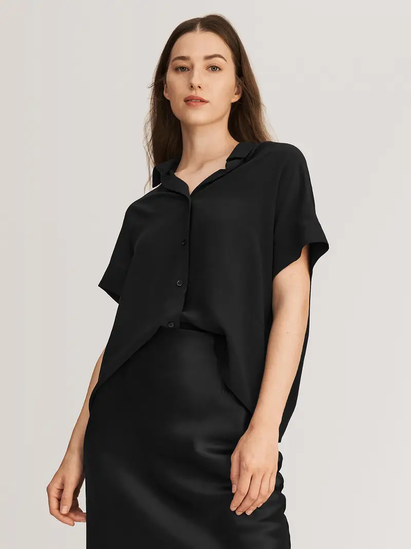 Maglietta Seta Nero Colletto Della Camicia, Vestibilità Regolare 100% Pura Seta Delicato Sulla Pelle E Traspirante