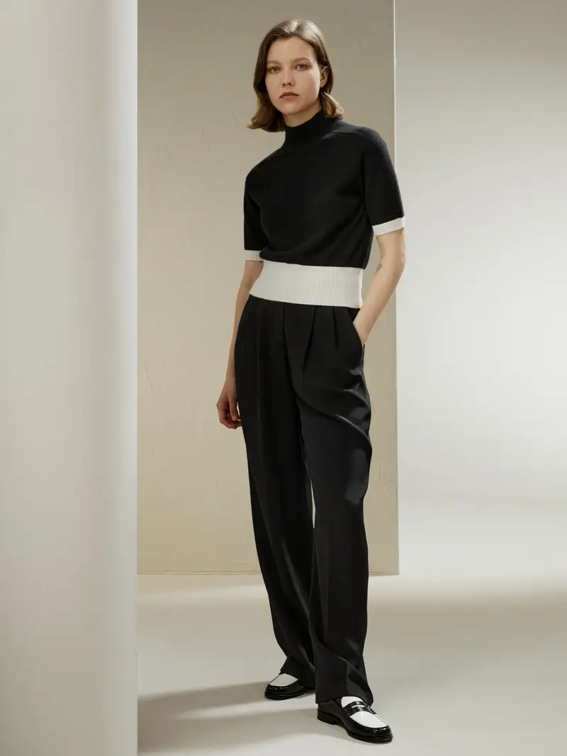 Magliette Cashmere Donna Nero Banda A Contrasto, Stile Minimalista 100% Cashmere Adatto A Tutte Le Stagioni