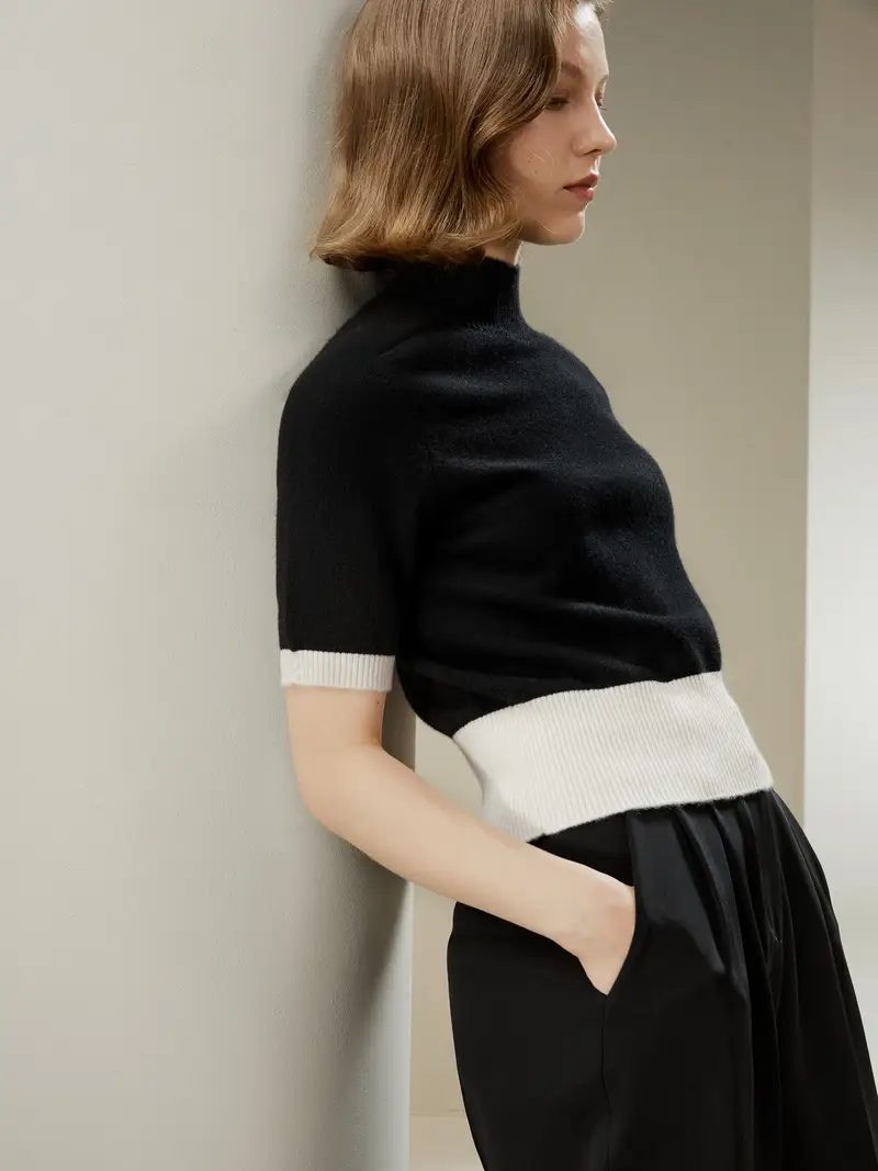 Magliette Di Cashmere Donna Nero Con Polsini E Orlo Colorati 100% Cashmere Caldo, Morbido E Delicato Sulla Pelle