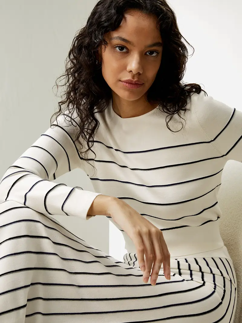 MagliettLana e Seta Donna Maniche Lunghe 100% Seta Filata Lavabile In Lavatrice Bianco Con Strisce