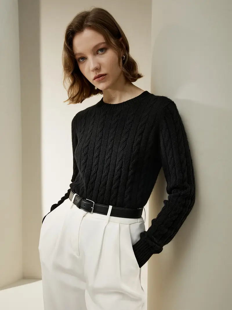 Maglione 100 Lana Donna Nero Collo Rotondo, Stile Ispirato Al Preppy Lana E Cashmere Morbido Con Un Tocco Delicatamente Raffinato