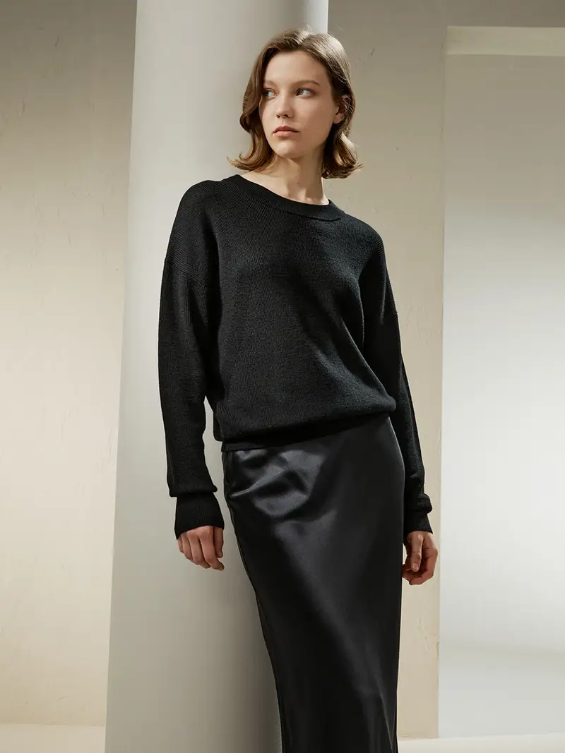 Maglione 100 Lana Donna Nero Girocollo, Spalle Scese Lana Merino Ultra Fine Vestibilità Casual Per Una Giornata Di Svago