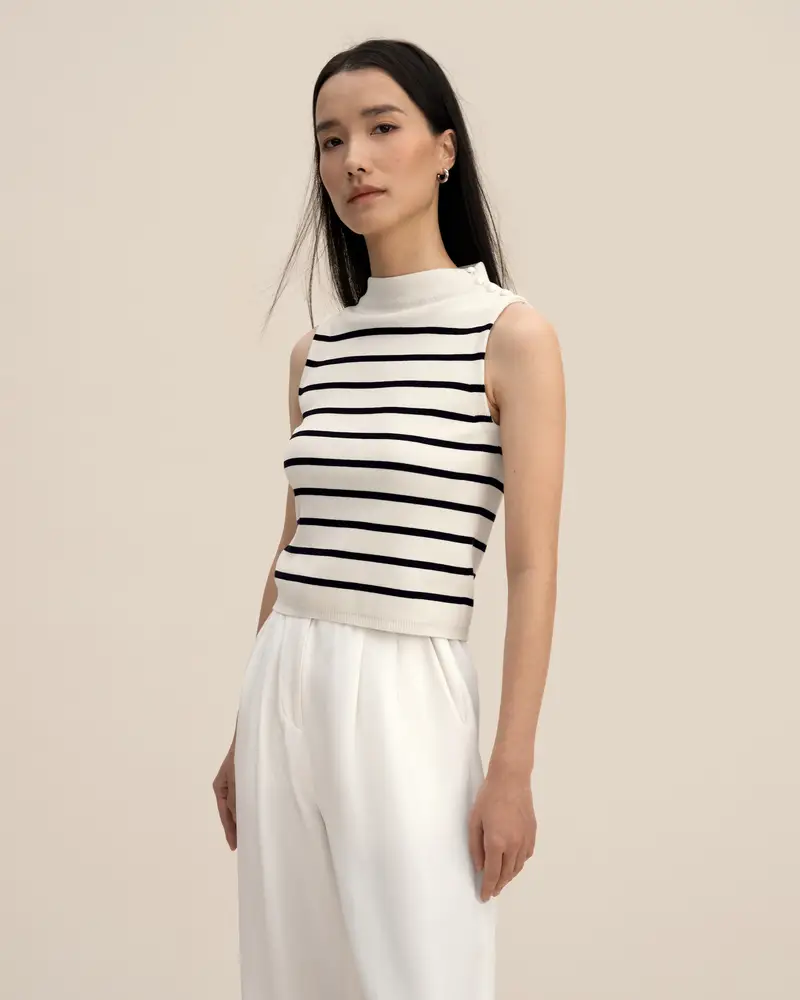 Maglione A Strisce Di Seta Bianco Con Strisce Nere Mock Neck, Senza Maniche Seta Di Gelso Buon Valore, Rispettoso Della Pelle