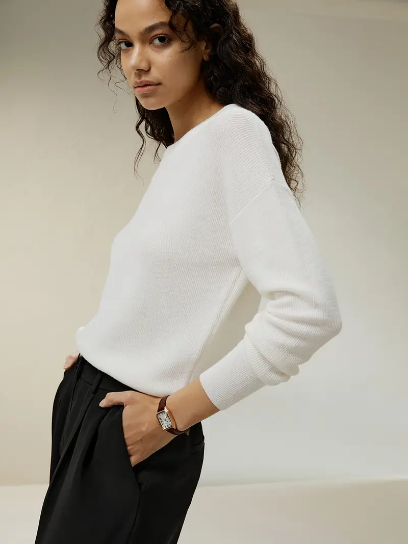 Maglione Di Lana Bianco Girocollo, Spalle Scese Lana Merino Ultra Fine Vestibilità Casual Per Una Giornata Fuori Casa